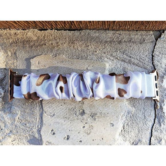 Brown Cow Print Scrunchie Watch Band for Fitbit Sense, Versa 3 2 1, Apple Watch - Picture 3 of 8